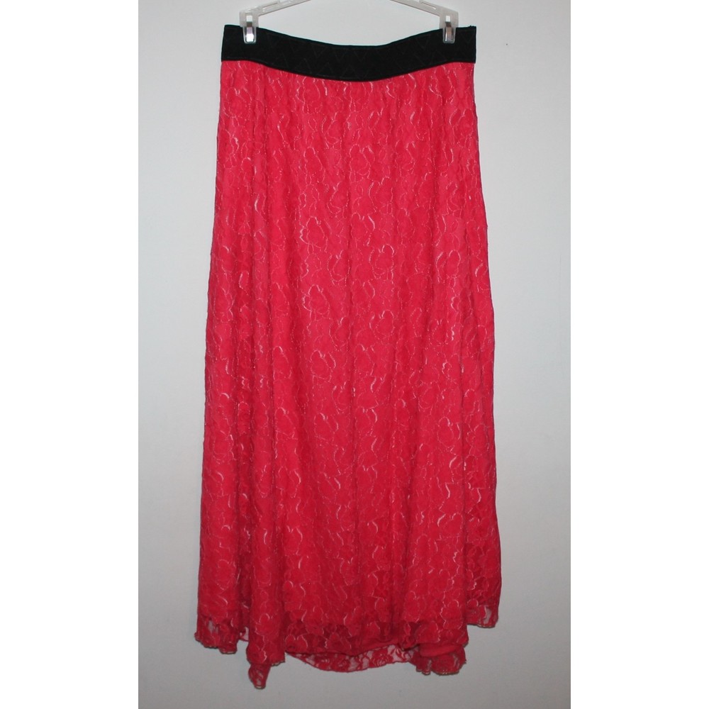 LulaRoe Red Dress Skirt Size M Lucy Maxi Floral Lace and Lining Black Waist Band